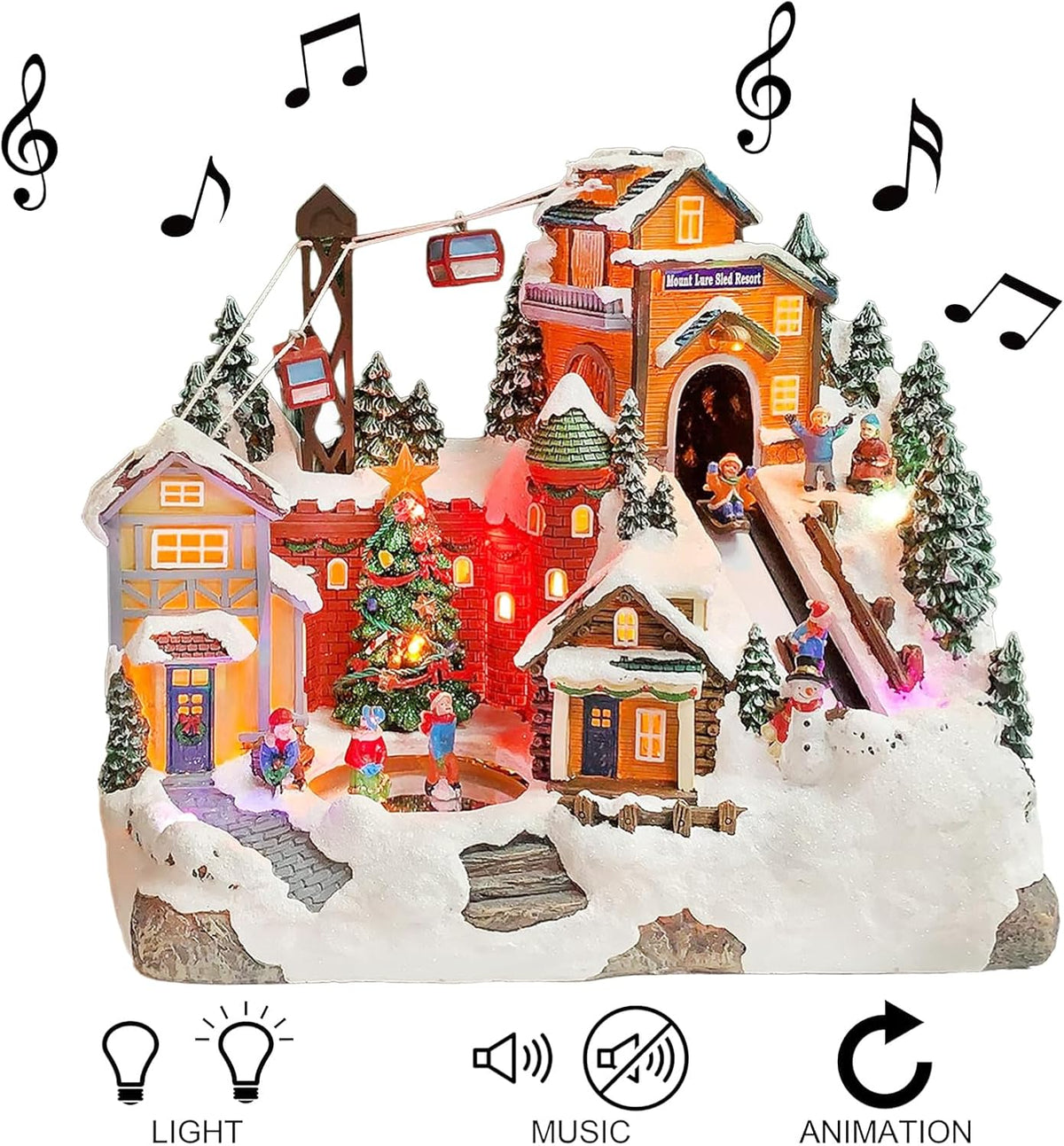 Christmas Village Building Mount Lure Sled Resort LED Lights Music and Animation Ski Lift Winter Resort Scene Power