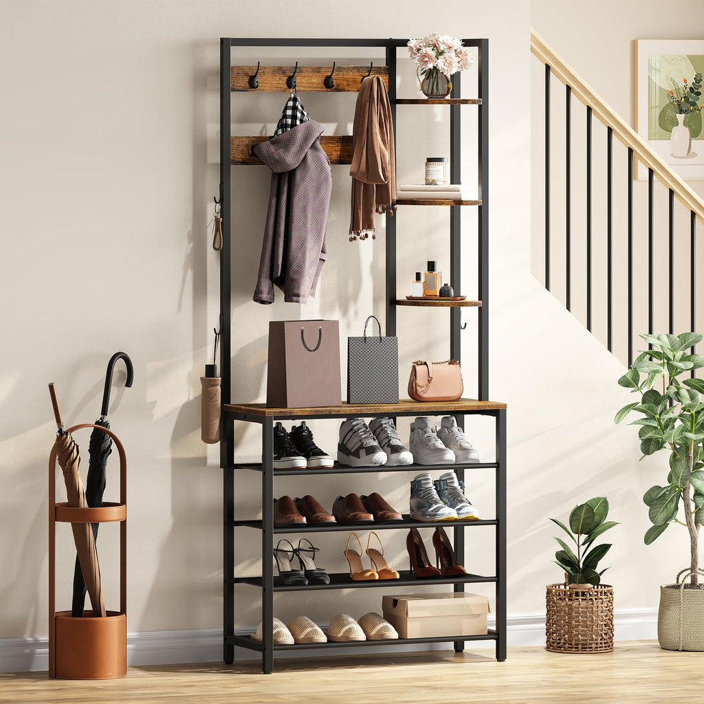 Hall Tree with Shoe Rack and Coat Hooks, Rustic Brown and Black