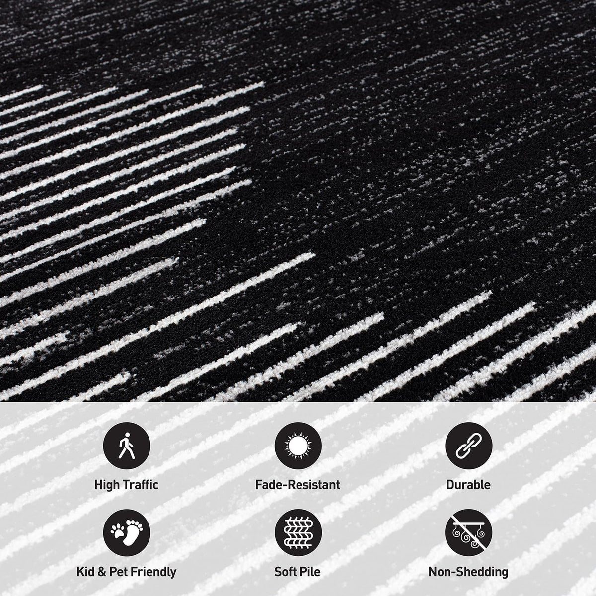 Bohemian Stripe Stain Resistant Area Rug Black