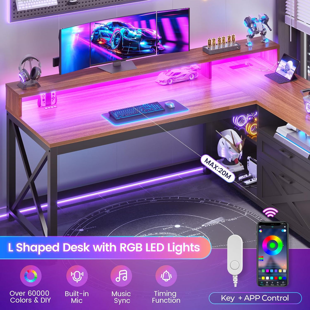 L Shaped Gaming Desk with Drawers, 55" Farmhouse Computer Desk with File Drawer and Storage Shelves, Corner Gaming