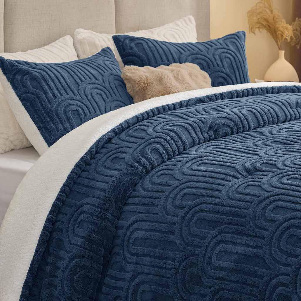 Arch Sherpa Comforter Set, Warm & Fluffy Bed Set, Navy