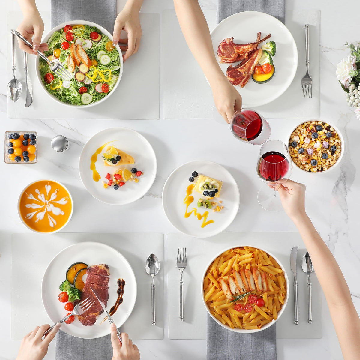 24 Pieces Porcelain Dinnerware Set, Modern White Dish Set for 6, Premium Serving Plates and Bowls Sets, Chip and