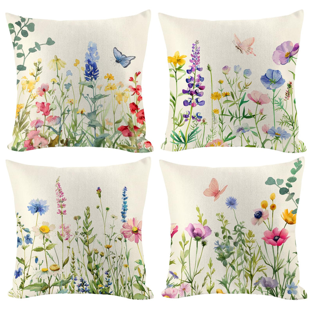 Spring Pillow Covers 20x20 inch Set of 4, Floral Flower Holiday Outdoor Farmhouse Seasonal Decorations for Sofa Couch