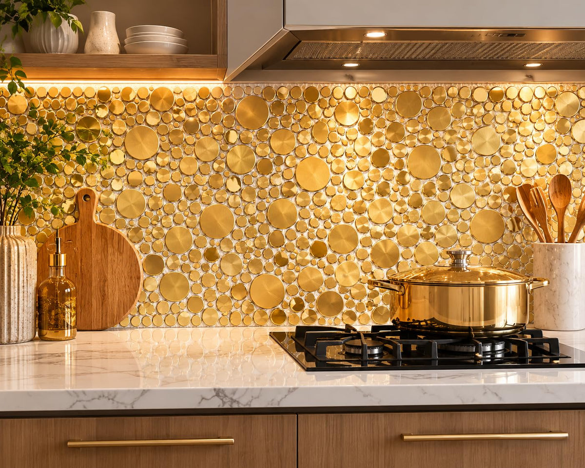 Gold Tile Backsplash Wall Penny Round Bubble Tiles Shower Floor (Box of 5 Sheets)