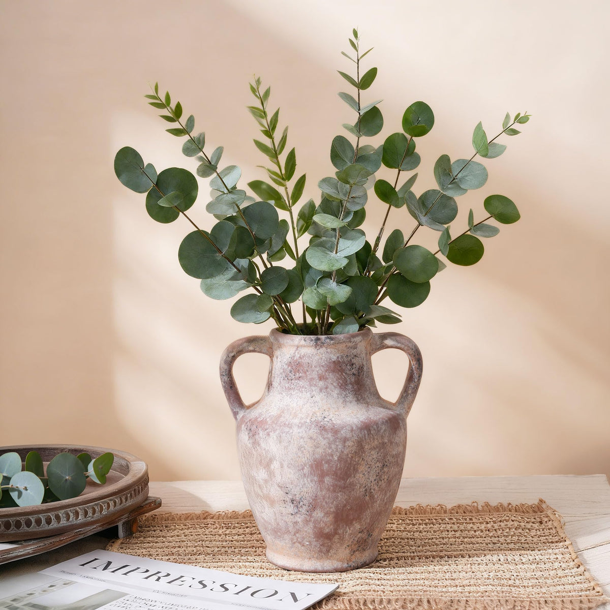 Ceramic Flower Vase with Handles, 8.66 inch Tall Clay Decorative Vases Farmhouse Rustic Vases Pottery Vases Decor