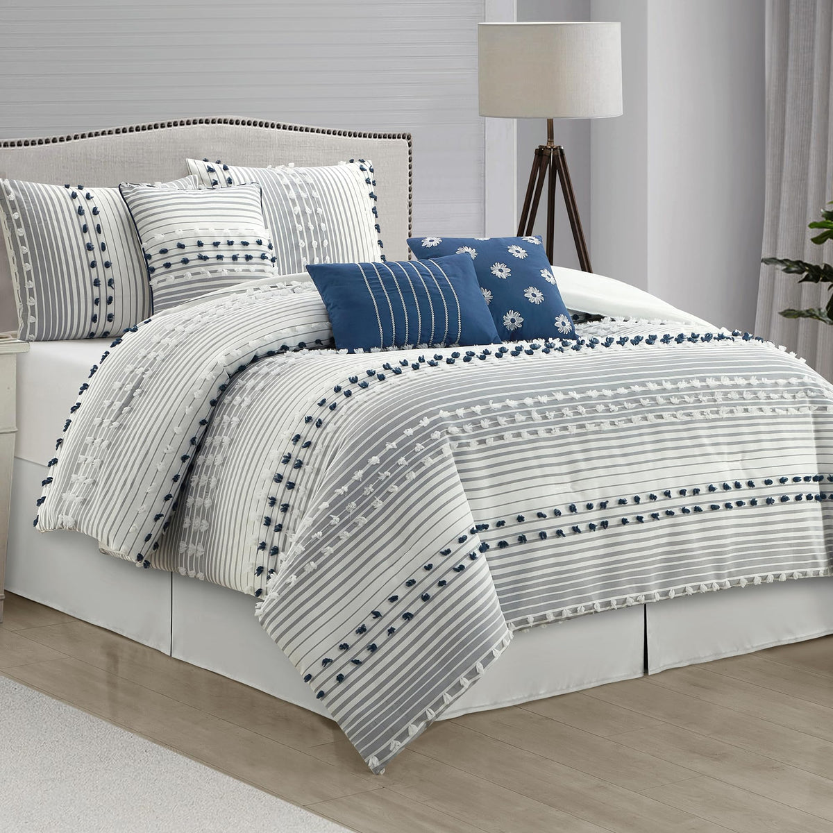 Comforter Set, Blue, Jacquard Clip Striped Design, Elegant Soft 7 Pieces Bedding Set for All Seasons, Matching