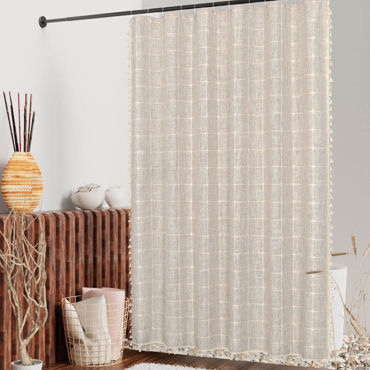Boho Farmhouse Classic Plaid Linen Tassel Tan Brown, 72x72