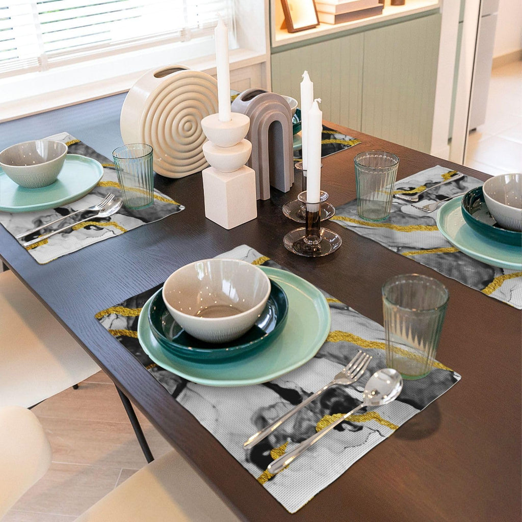 Black White and Gold Marble Linen Placemats Set of 4, Modern Luxury Washable Non-Slip Heat-Resistant Durable Kitchen