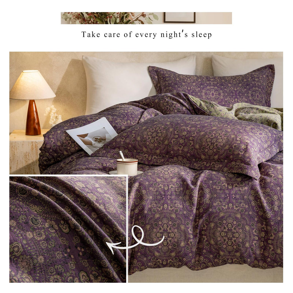 Purple Green Duvet Cover Queen, 3 Pieces Retro Boho Medallion Jacquard Flower Bedding Set, Linen Cotton Yarn-Dyed