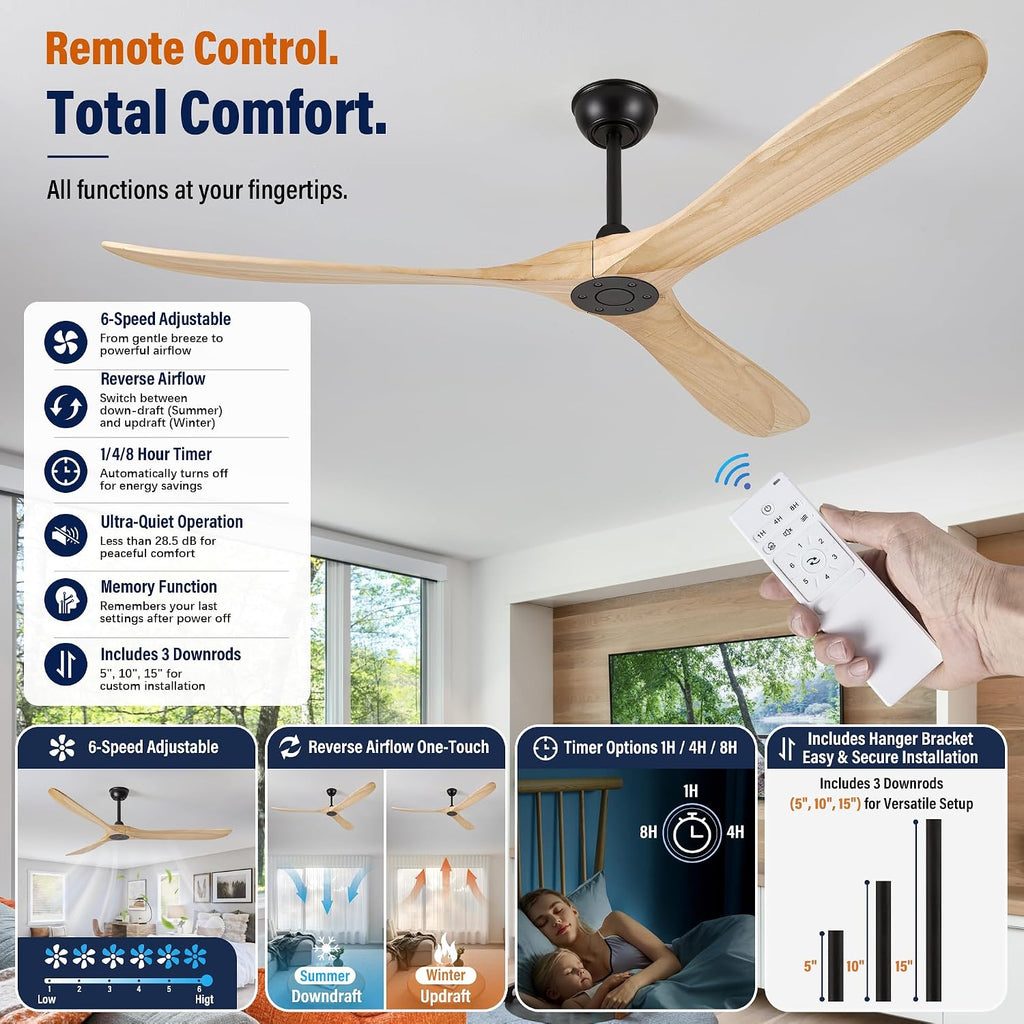 72" Matte Black Ceiling Fan with Remote, No Light
