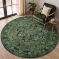 Green Round Rugs 6ft, Washable Non Slip Low Pile Thin 6 Feet Circle Rug Table Kitchen, Vintage Medallion 6x6 Round