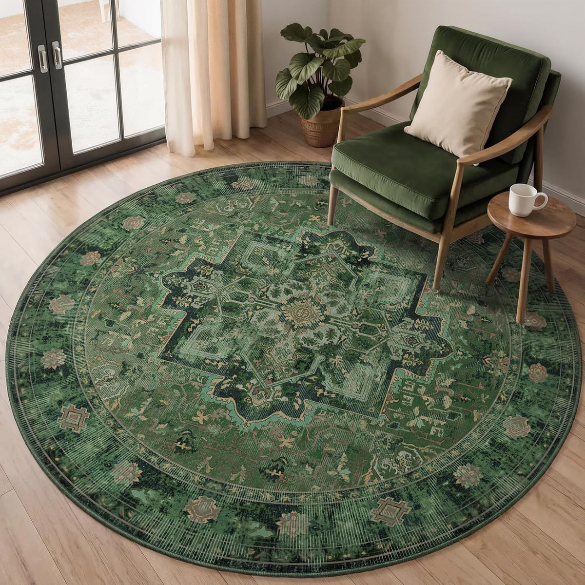 Green Round Rugs 6ft, Washable Non Slip Low Pile Thin 6 Feet Circle Rug Table Kitchen, Vintage Medallion 6x6 Round