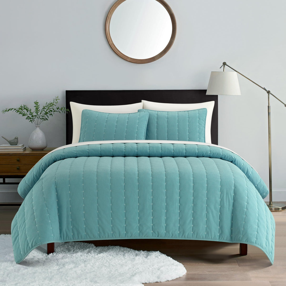 Jalla 3 Piece Corduroy Quilt Set Embroidered Coverlet Bedspread w/Pillow 2 Shams, Blue