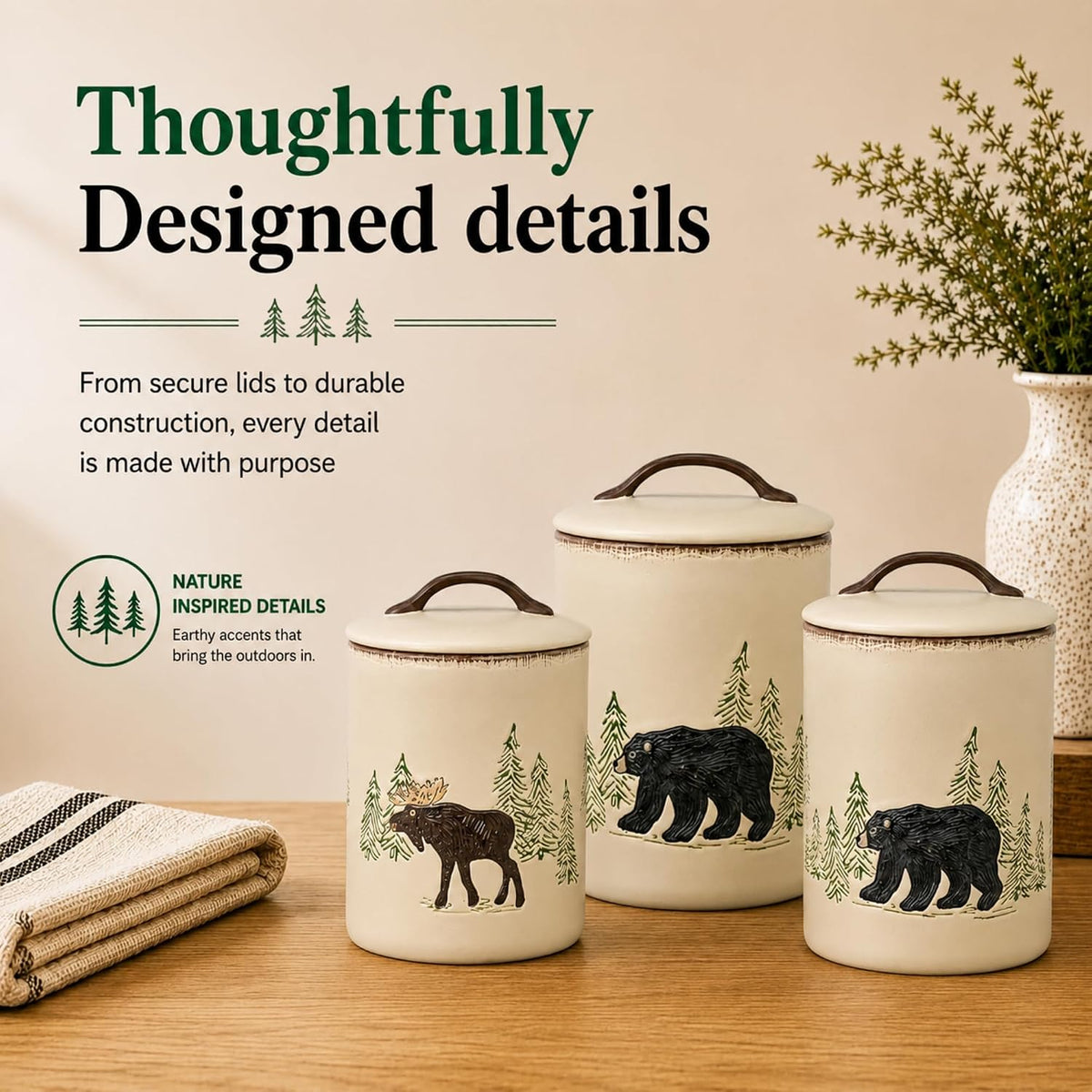 Stoneware Rustic Retreat Canister Set | Farmhouse Rustic Countertop Storage | Airtight Seal | Kitchen Counter - Set of 3
