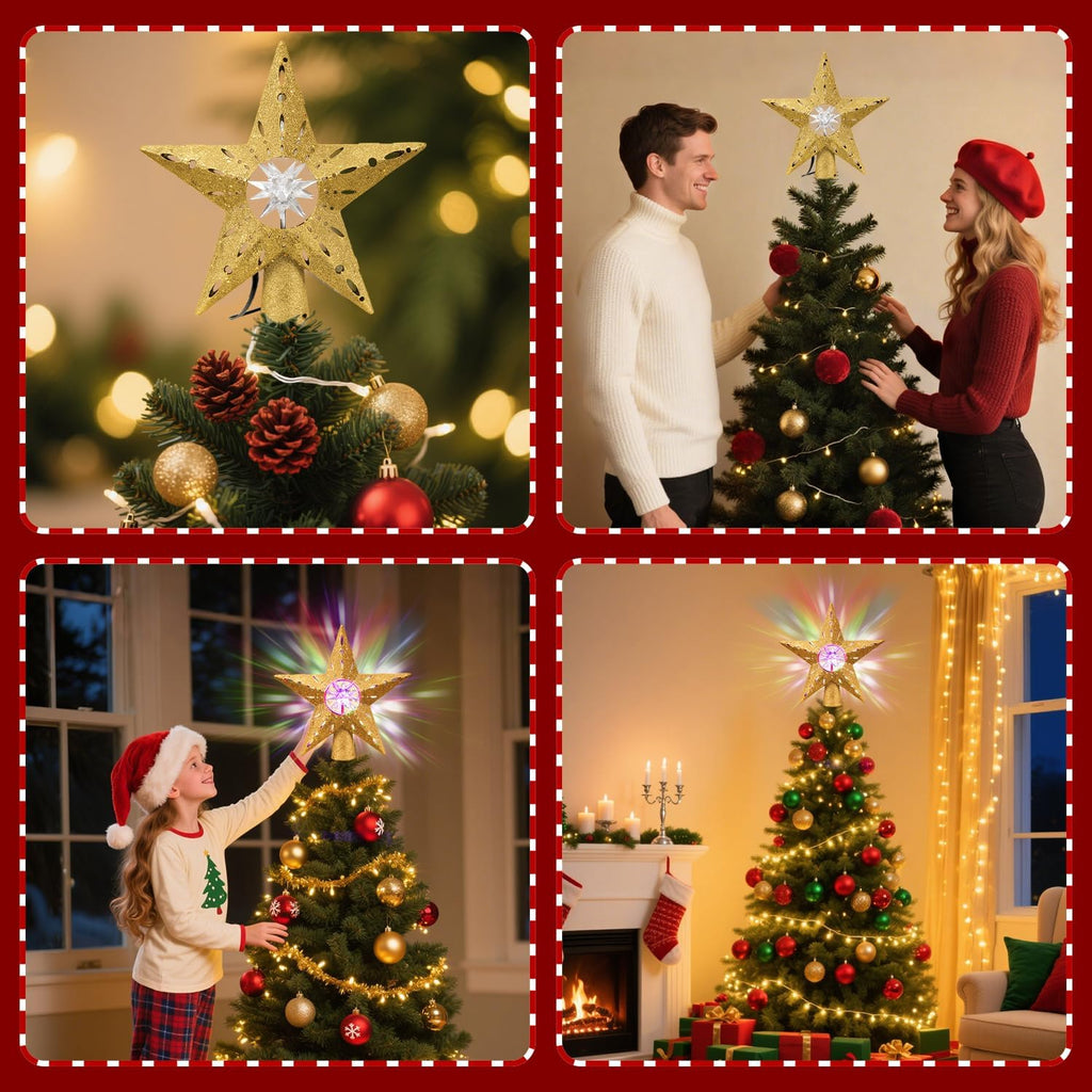 Gold Rotating Christmas Tree Topper Star with RGB LED Lights, 3D Crystal Diamond Center, Spinning Projection, Glitter