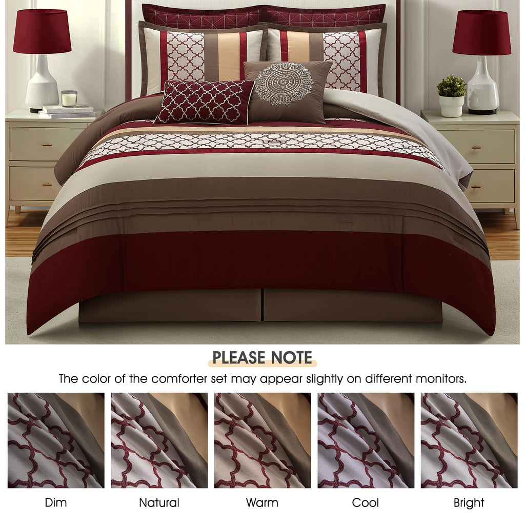 Comforter Set, Berry Taupe Bedding Set, Jacquard Woven with Embroidery, 8 Pieces Bed in a Bag, Bed Skirt, Shams