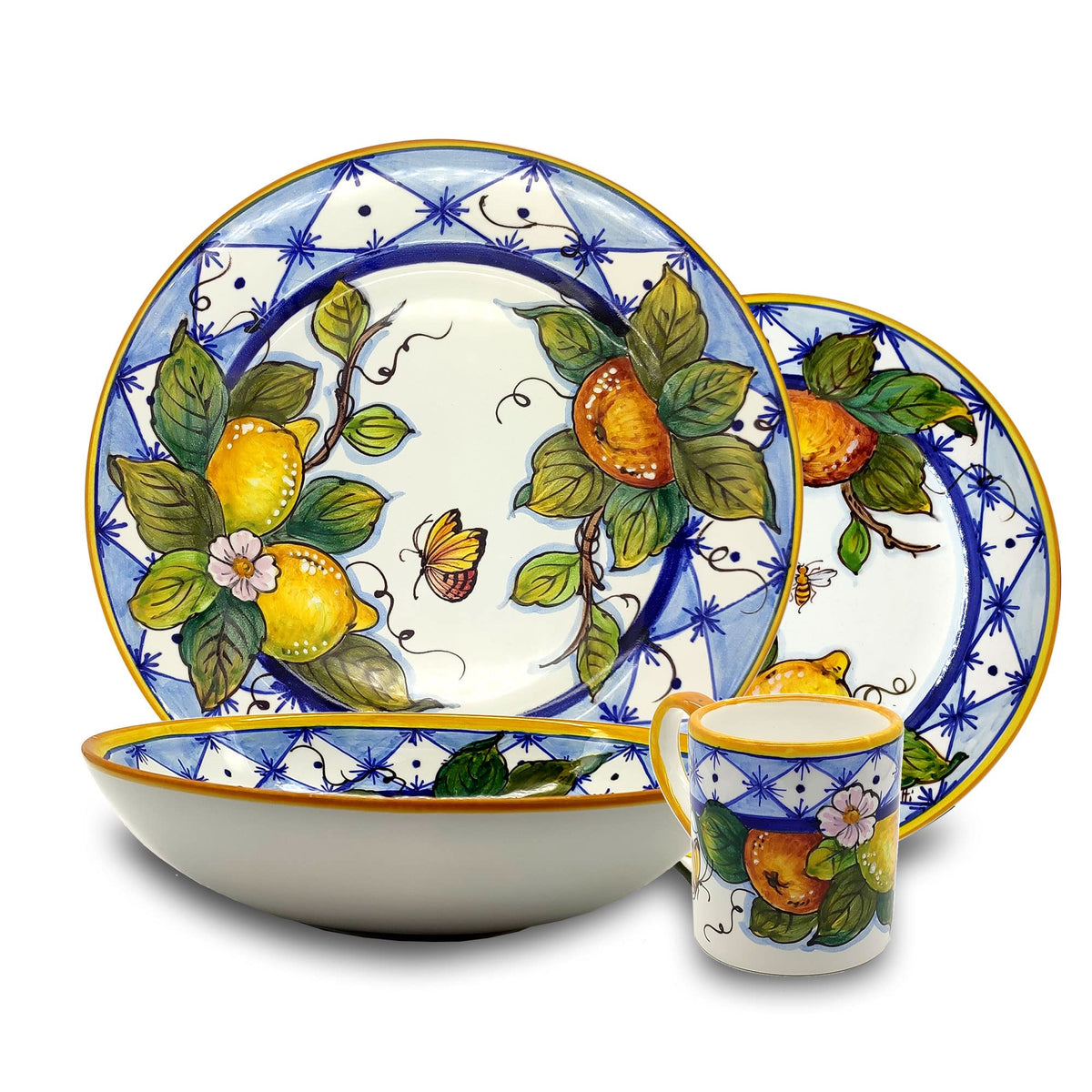 Italian Ceramic dinnerware set - Hand Painted kitchen Soup Bowls sets for 4 - Made in ITALY Tuscany - Italian Pottery