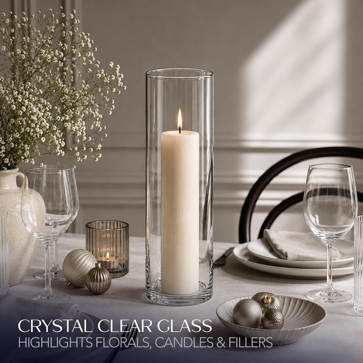 Glass Cylinder Flower Vase 4" Wide x 14" Tall, Clear
