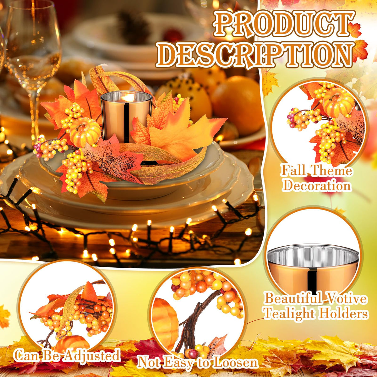 6 Set Fall Candle Holders Glass Votive, Pumpkin, Orange