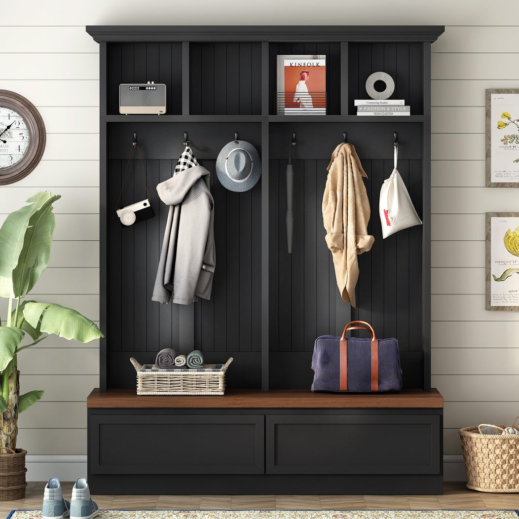 Farmhouse Wood Hall Tree with Bench and Storage Drawers, 4-in-1 Coat Rack with 6 Hooks for Entrance, Hallway Black