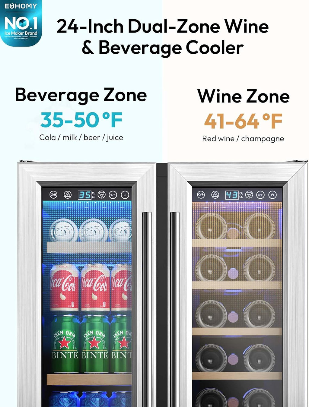 Wine and Beverage Refrigerator, 24 Inch Dual Zone Wine Cooler with Glass Door Hold 21 Bottles and 88 Cans