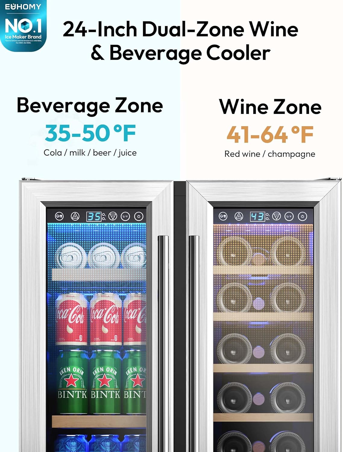 Wine and Beverage Refrigerator, 24 Inch Dual Zone Wine Cooler with Glass Door Hold 21 Bottles and 88 Cans