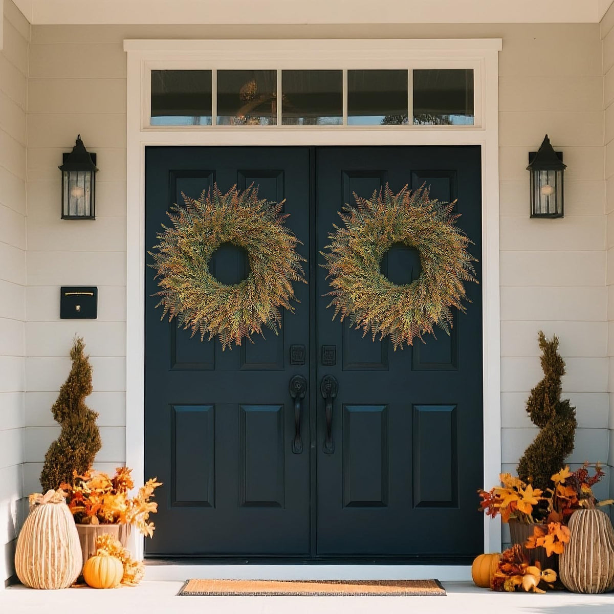 26" Large Artificial Fern Leaves Fall Wreath for Front Door (Orange-Green)