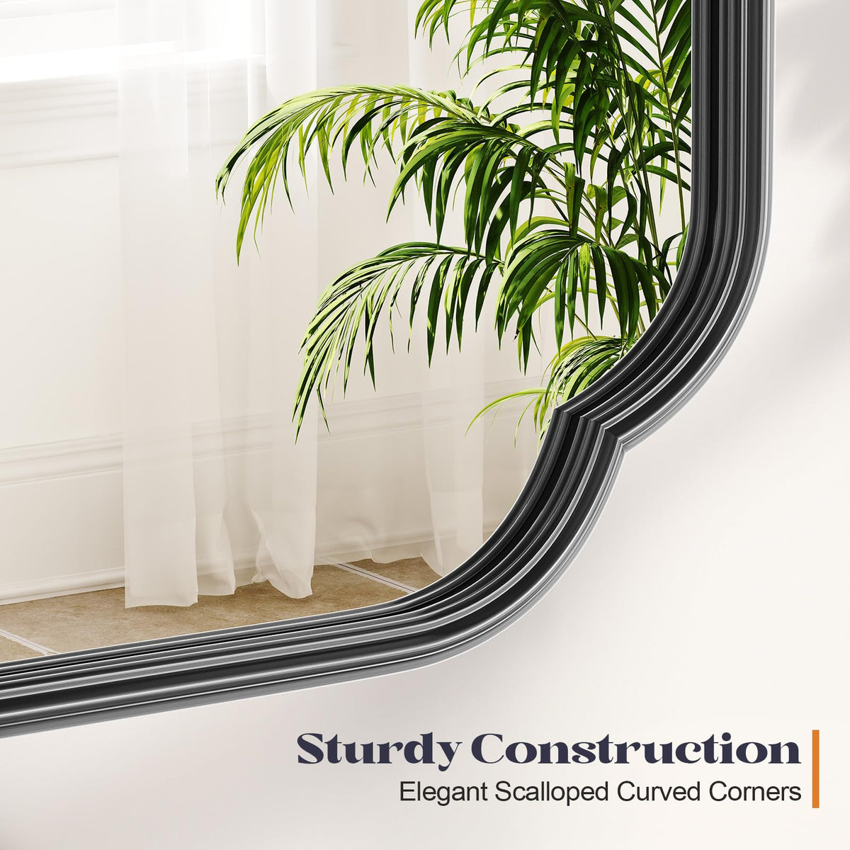 Black Scalloped Vanity Mirror, 24" x 36"Rounded Corner Rectangle Wall Mirrors with Metal Frame, Modern Vanity