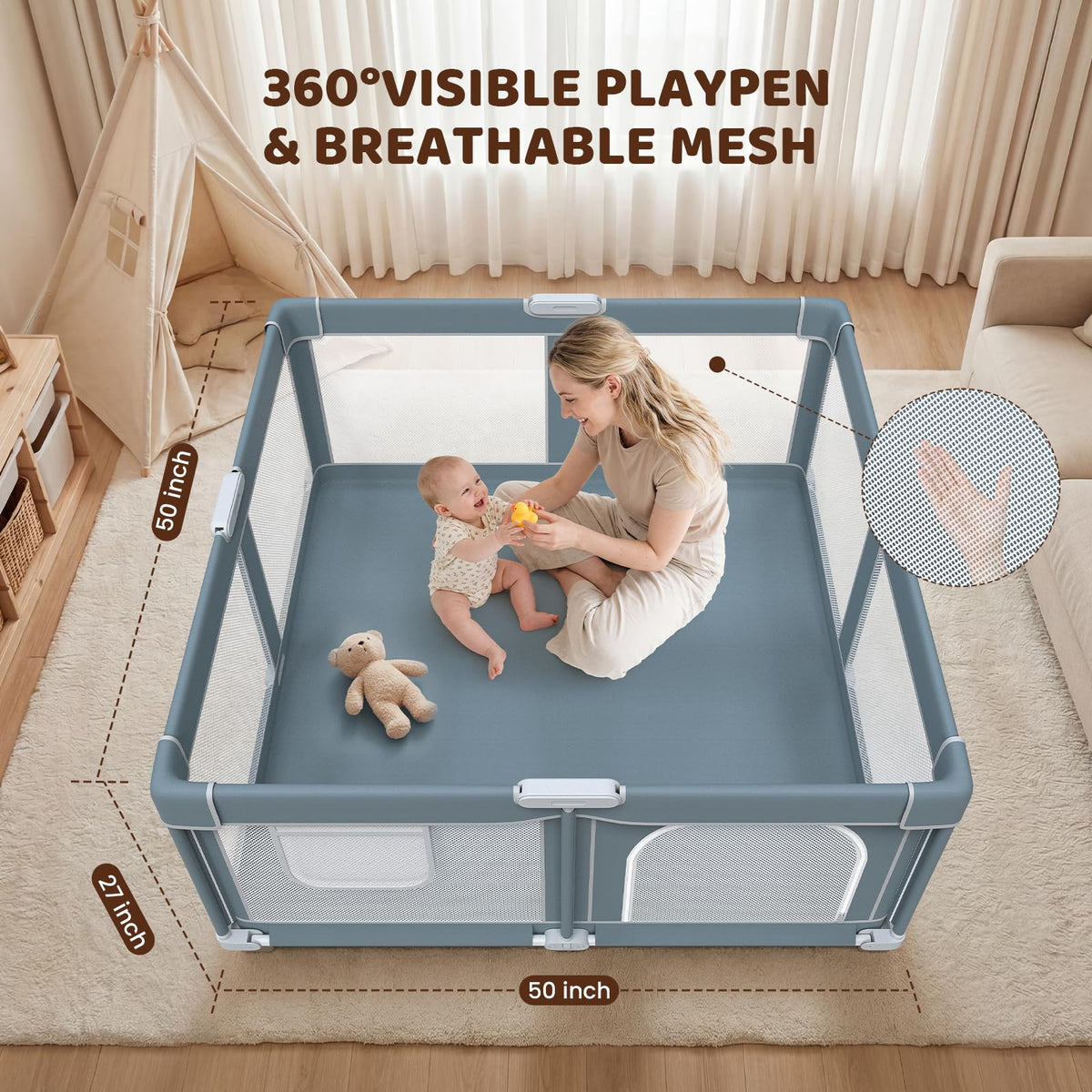 Foldable Baby Playpen, 50x50 Inch Compact Collapsible Play Yard