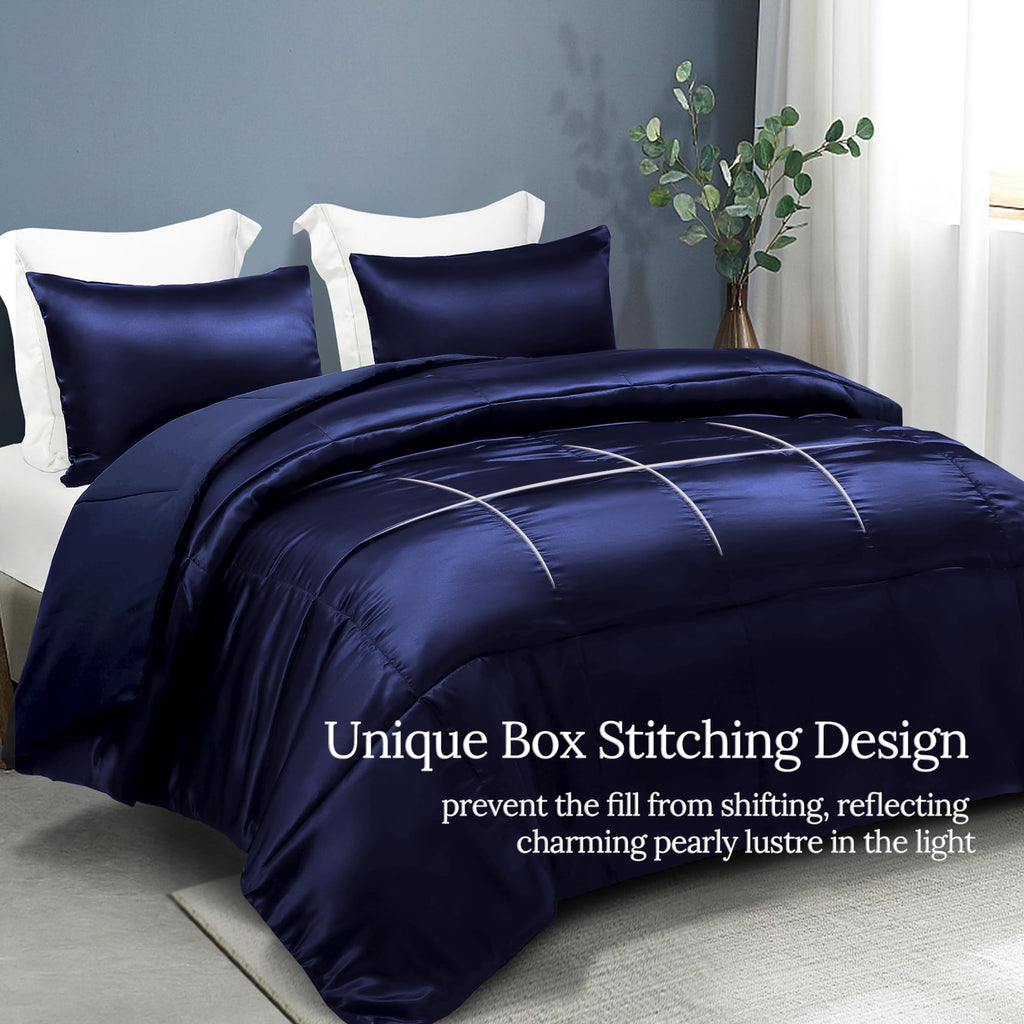 Reversible Satin Comforter Set for All Season, Navy