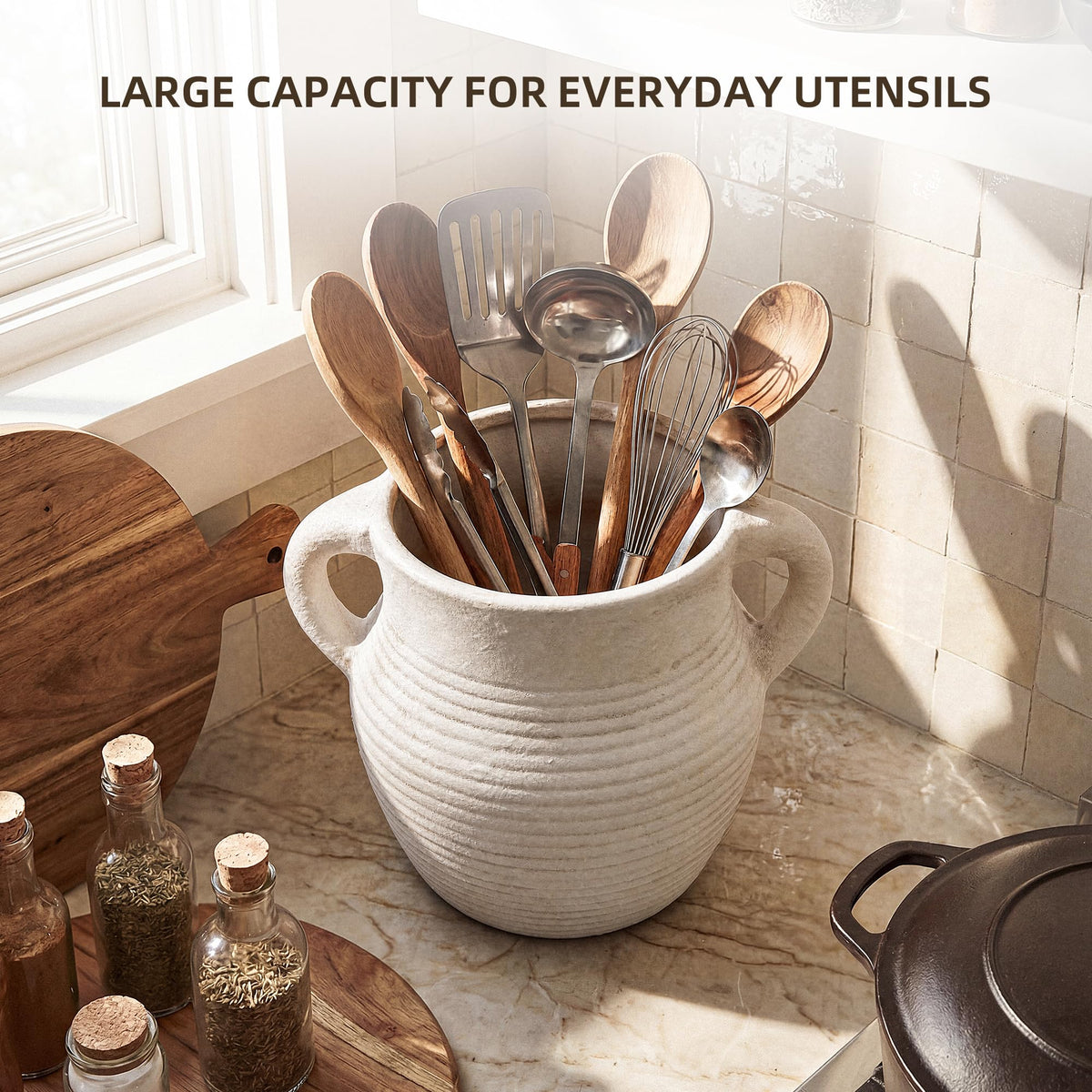 Rustic Utensil Holder Counter - Ceramic Farmhouse Cooking Utensil Crock & Organizer for Spatula, Spoon - Vintage