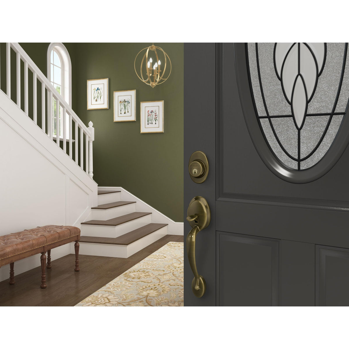 Front Door Handleset, Right Hand Accent Lever, Antique Brass