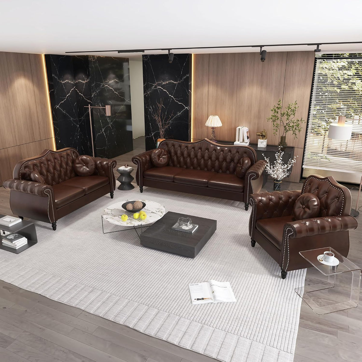 Chesterfield 3-Piece Tufted Faux Leather Living Room Sofa Set — Sofa, Loveseat & Armchair with Nailhead Trim, Brown