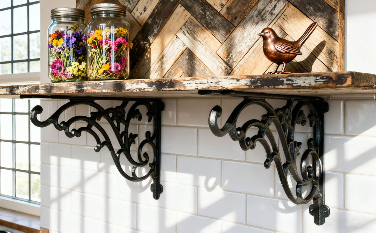 16 Inches Shelf Brackets 4 Pack Cast Iron Black Corbels 16'' * 9.5'' Decorative Shelf Supply Mouting Screws Included