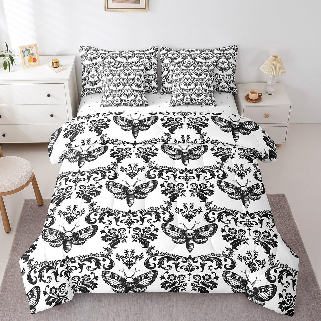 Gothic Bed in A Bag 7 Piece Black White Moth Goth Queen Comforter Set with Sheets Vintage Damask Boho Bedding Sets