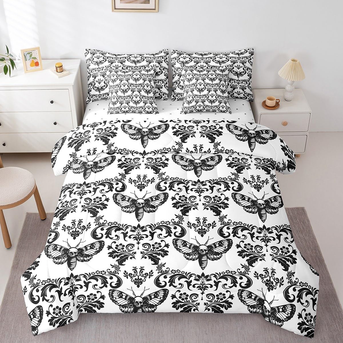 Gothic Bed in A Bag 7 Piece Black White Moth Goth Queen Comforter Set with Sheets Vintage Damask Boho Bedding Sets