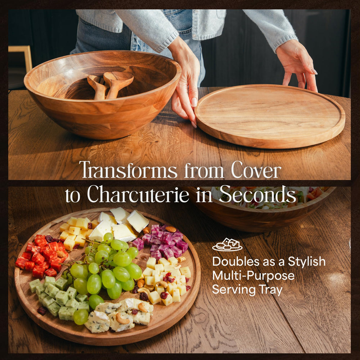 Large Wooden Salad Bowl Set 12.5 Inch with Serving Utensils, Tray Lid and Carry Strap. Acacia Wood Large Salad Bowls