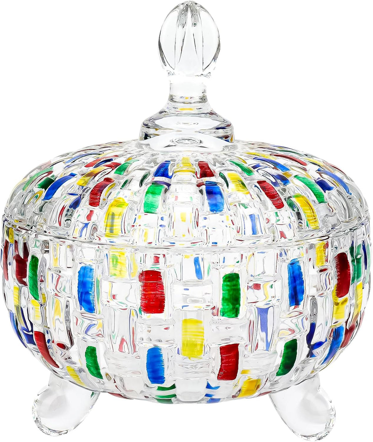 24 oz Candy Dish with Lid, Decorative Candy Dishes Container,Embossed Glass Jar, Colorful Crystal Storage Bowl Desk