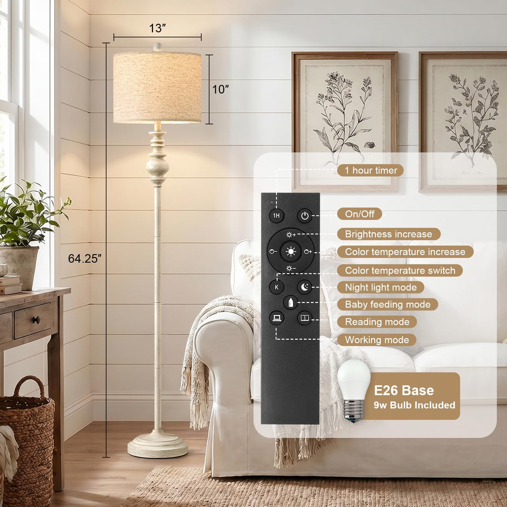 64.25" Farmhouse Floor Lamp with Remote, Dimmable Floor Lamp with Adjustable Color Temperatures, Tall White Standing