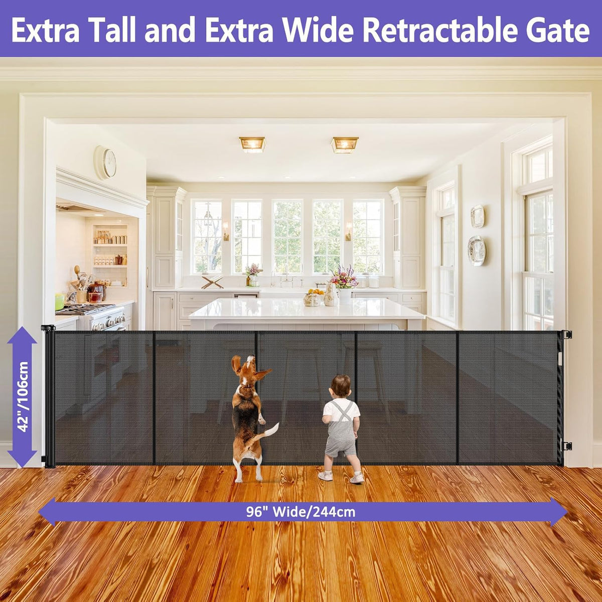Reinforced 42" Tall Pet Gate 96" Wide Retractable Baby Gate, Indoor/Outdoor