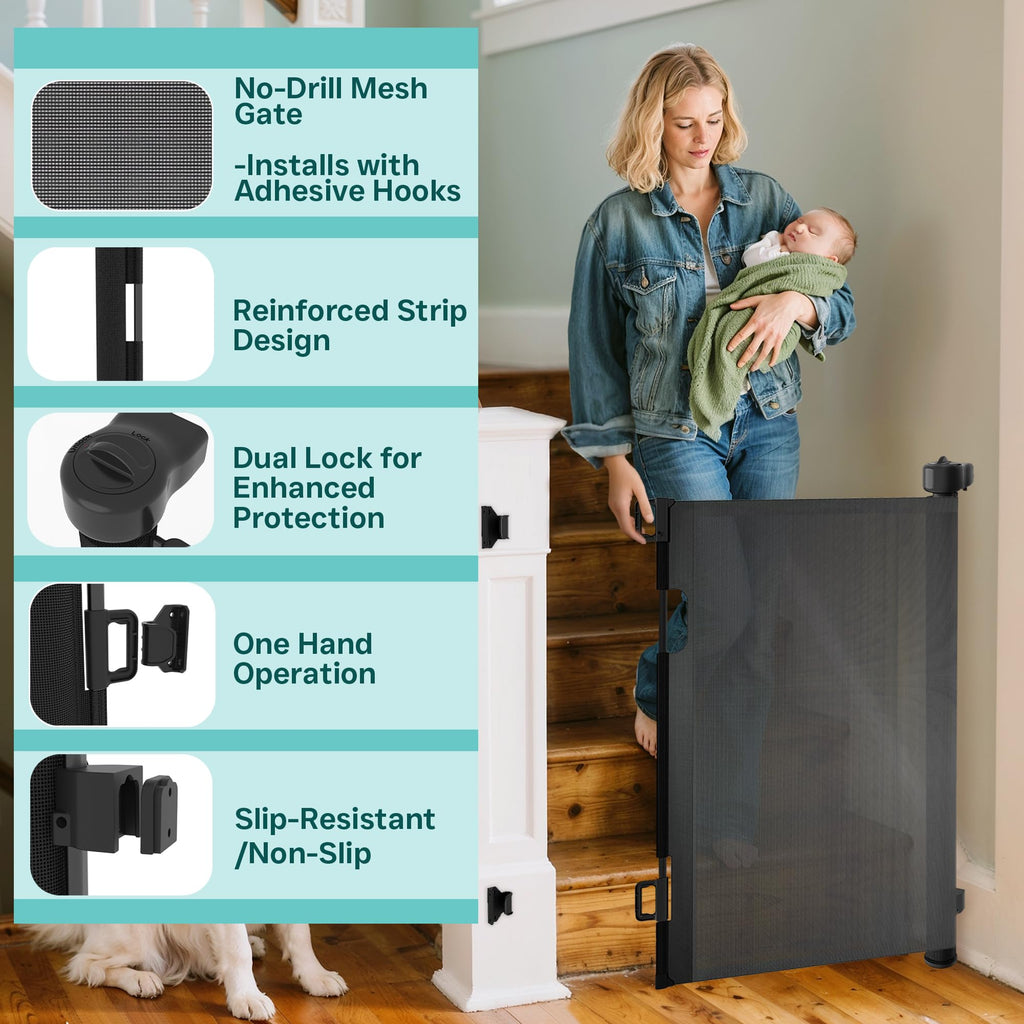 Retractable Baby Gate,Mesh Baby Gate or Mesh Dog Gate,34" Tall,Extends up to 100" Wide,Child Safety Gate for