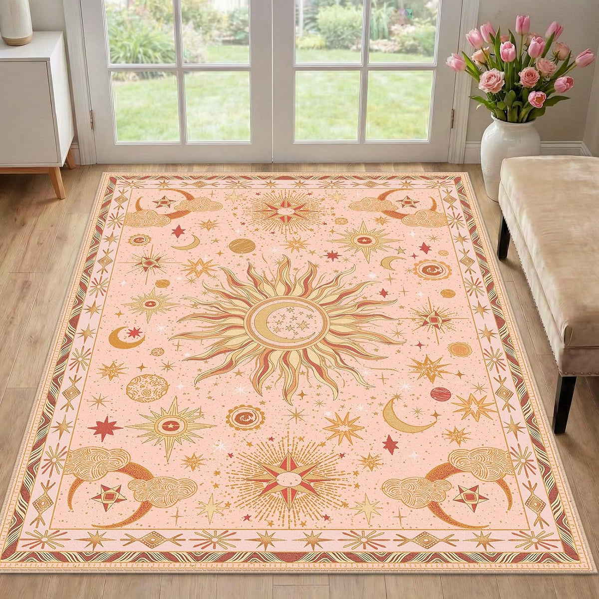Area Rugs, Washable Vacuum-Friendly Non-Slip Rug Vintage Boho Gothic Sun and Moon Printed Pattern Low Pile Carpet