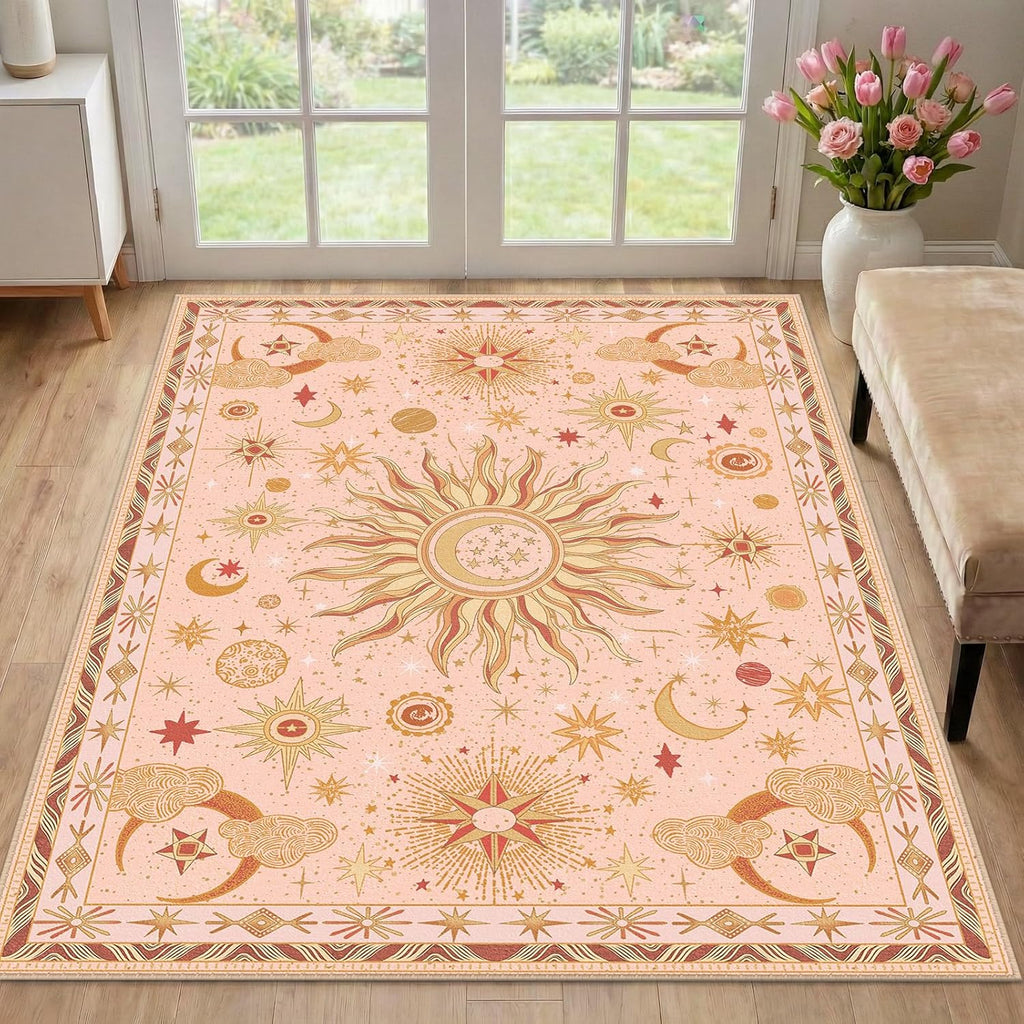 Area Rugs, Washable Vacuum-Friendly Non-Slip Rug Vintage Boho Gothic Sun and Moon Printed Pattern Low Pile Carpet