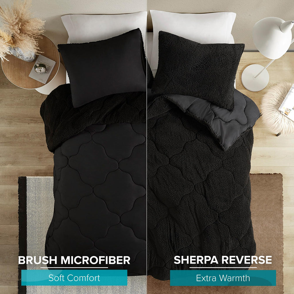 Vixie Sherpa Comforter Set, 3 Piece, Black/Black