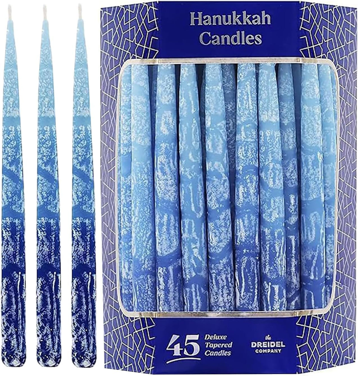 Hanukkah Candles Dripless Multi Blue Hued Frosted Deluxe Tapered Candles 1-Hour Burn Time Odorless 45 Candles for All - Set of 45