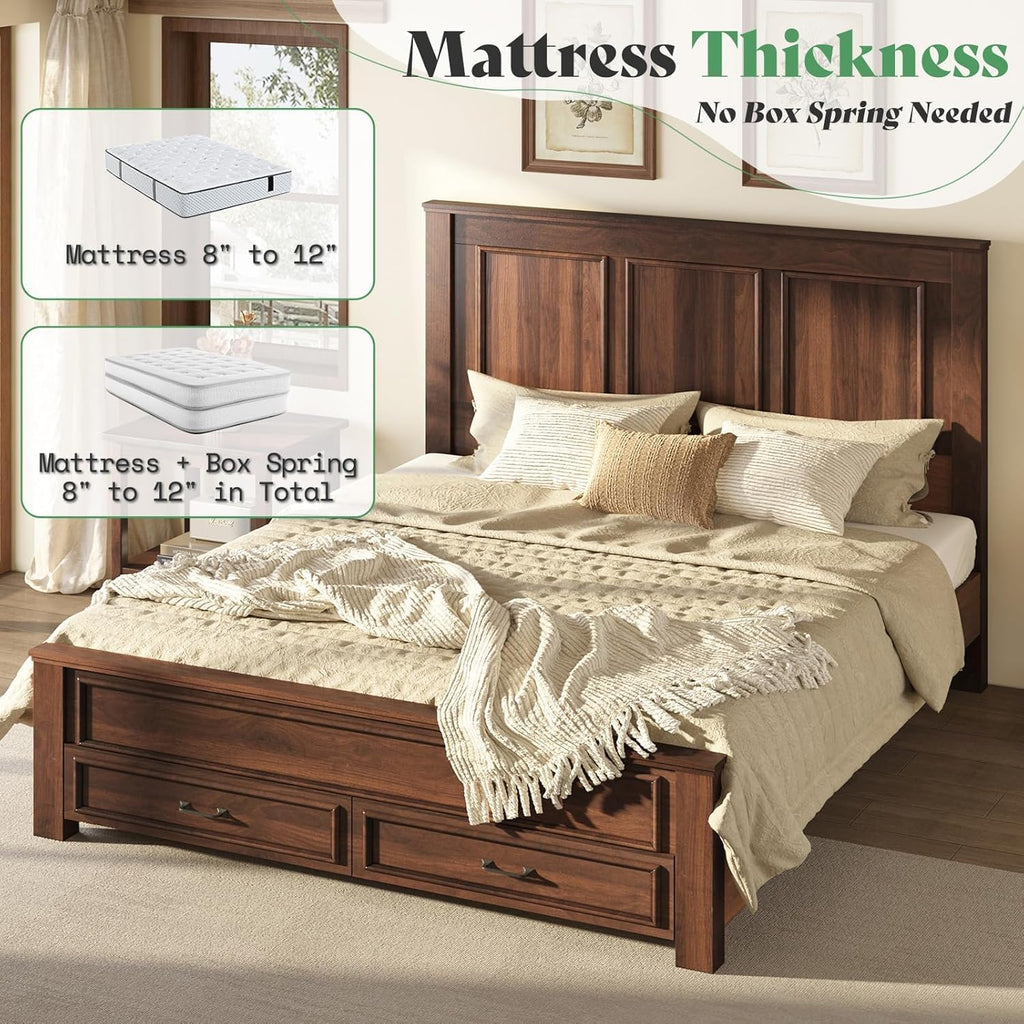 52.2" Farmhouse Bed Frame with Headboard, Rustic Brown