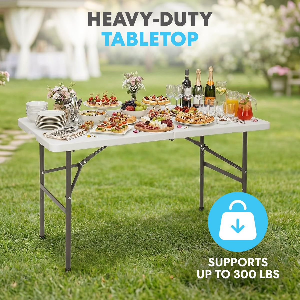 4ft Plastic Folding Table, Indoor Outdoor Heavy Duty Portable/Handle, Lock for Picnic, Party, Camping - White