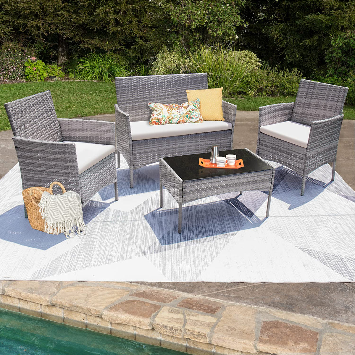 4 Pieces Outdoor Patio Furniture Sets Rattan Chair Wicker Set, Outdoor Indoor Use Backyard Porch Garden Poolside
