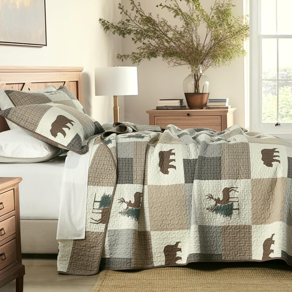 Quilts, 100% Cotton Quilt Set, Lodge Cabin Farmhouse Quilt, Brown Gray Beige Plaid Animal