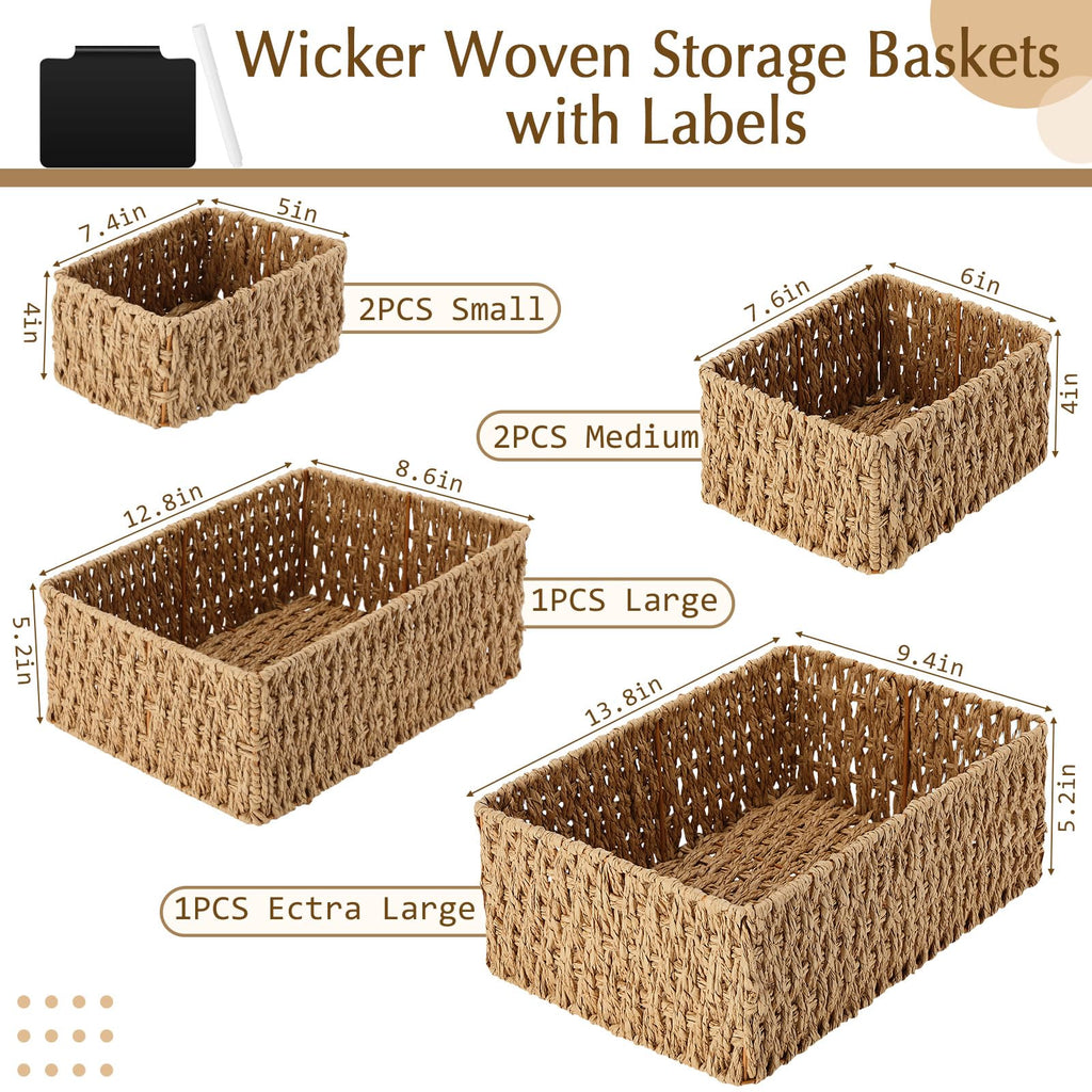 6 Pcs Wicker Storage Baskets for Pantry Organization with Labels